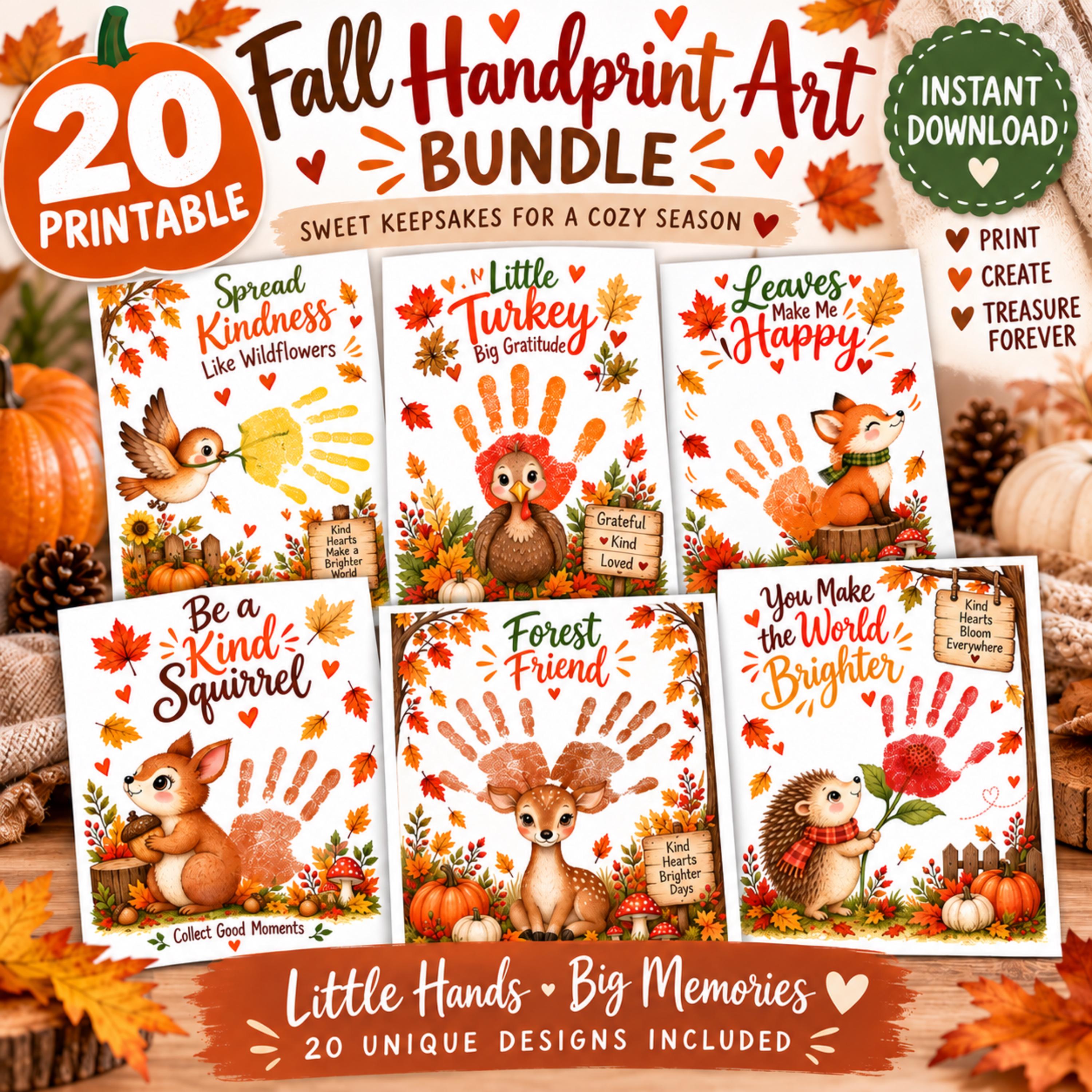 Fall Handprint Art Bundle, 20 Printable Autumn Crafts for Kids, Toddler ...
