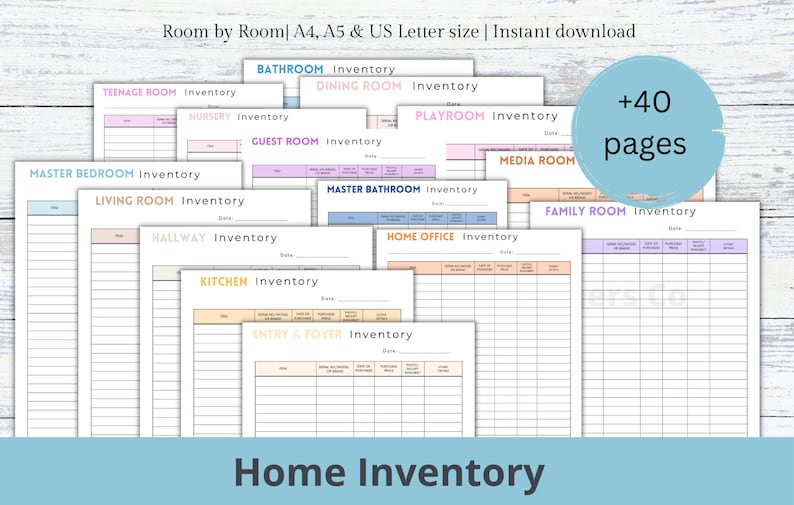 May include: A set of printable home inventory checklists for different rooms, including the master bedroom, living room, kitchen, bathroom, and more. The checklists are designed in a light and airy style with pastel colors and a simple layout. The text on the checklists reads "Room by Room" and "Home Inventory".