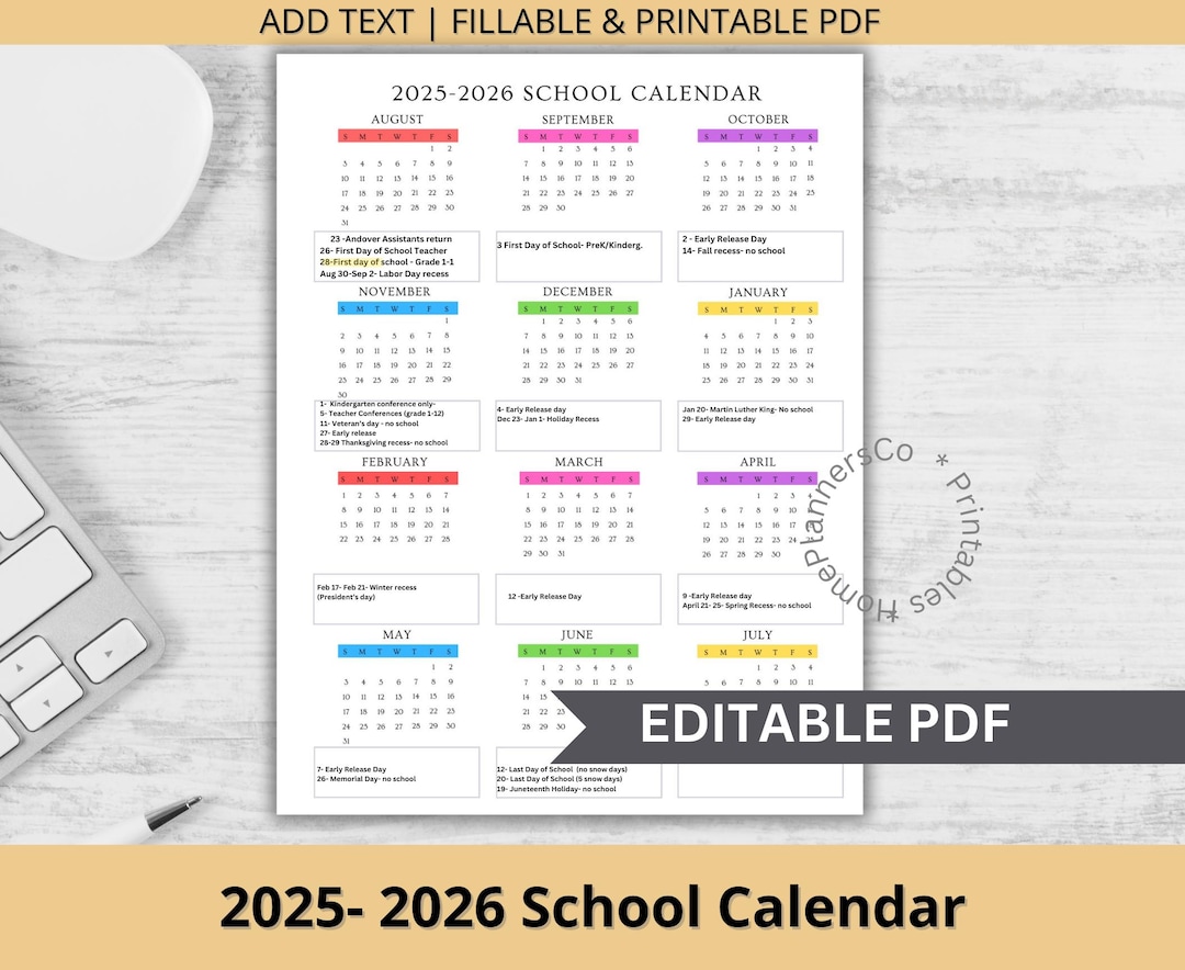 2025-2026 Editable School Calendar Template for School, Classroom, Teacher, Office, Preschool, Daycare, Childcare, One Year at a Glance - Etsy