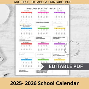 2025-2026 編集可能な学校カレンダー テンプレート (学校、教室、教師、オフィス、幼稚園、デイケア、保育、1 年の概要)