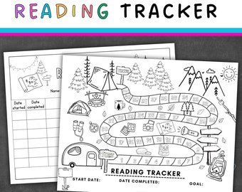 May include: Black and white printable reading trackers with camping-themed illustrations. The trackers include spaces for dates, goals, and a numbered path. The words "READING TRACKER" are at the top and bottom of the image.