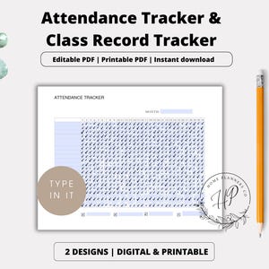 Puede incluir: Un rastreador de asistencia imprimible blanco con una cuadrícula azul para registrar la asistencia. El texto "Attendance Tracker & Class Record Tracker" está en la parte superior. También son visibles las palabras "PDF editable | PDF imprimible | Descarga instantánea". Un lápiz amarillo está a la derecha.