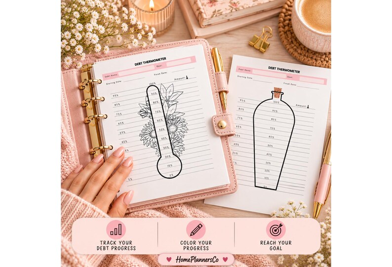 Puede incluir: Una agenda de anillas rosa que contiene una hoja de seguimiento Debt Thermometer con ilustraciones florales, junto a una hoja suelta con un rastreador de deudas en forma de botella. Ambas p&aacute;ginas incluyen campos para nombre, objetivo y fecha.