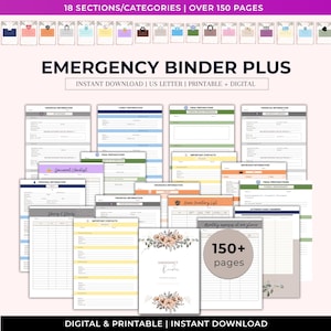 May include: An emergency binder with 18 sections and over 150 pages. The binder includes sections for financial information, family information, final preparations, and more. The text on the cover reads "Emergency Binder" with floral accents. It is a digital and printable instant download.