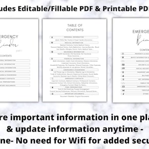 May include: Three-page printable PDF document titled "Emergency Binder." The first page lists personal, medical, insurance, and financial information. The second page lists usernames, passwords, and emergency contacts. The third page lists property, birth information, and other vital data.