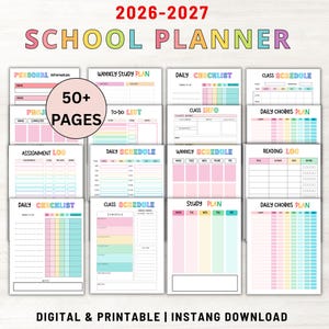 Pode incluir: Uma agenda escolar 2026-2027 com mais de 50 páginas, contendo modelos digitais e imprimíveis. A coleção inclui layouts coloridos para informações pessoais, planos de estudo semanais, listas de tarefas, horários de aulas e registros.