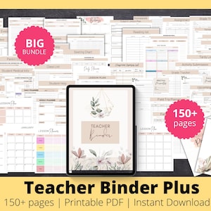 Puede incluir: Un paquete digital de carpetas para docentes con más de 150 páginas PDF imprimibles. La colección incluye varias plantillas de organización de aula, planificadores de lecciones, registros de notas y calendarios con motivos florales.
