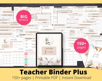May include: A digital teacher binder bundle featuring over 150 printable PDF pages. The collection includes various classroom organization templates, lesson planners, grade trackers, and calendars with floral accents and the text Teacher Binder.