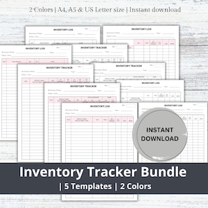 May include: A bundle of five printable inventory tracker templates in two colors. The templates are designed for use with a business or shop. The templates are available for instant download.