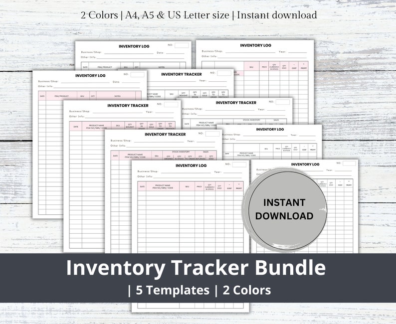 May include: A bundle of five printable inventory tracker templates in two colors. The templates are designed for use with a business or shop. The templates are available for instant download.