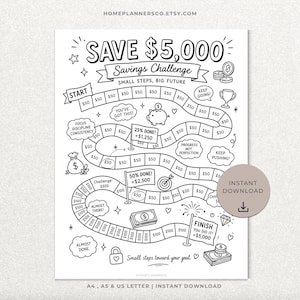May include: A black and white printable savings challenge tracker featuring a winding path with boxes labeled $50 and $100. The page includes text such as SAVE $5,000, Savings Challenge, SMALL STEPS, BIG FUTURE, 25% DONE, 50% DONE, and FINISH YOU DID IT.