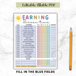 Może przedstawiać: Wypełnialny wykres zadań w formacie PDF z napisem "EARNING Screen time" w jasnych kolorach. Wykres zawiera listę zadań, przydziały czasu i sekcję do rejestrowania zarobionego czasu przed ekranem. Żółty ołówek znajduje się po prawej stronie.
