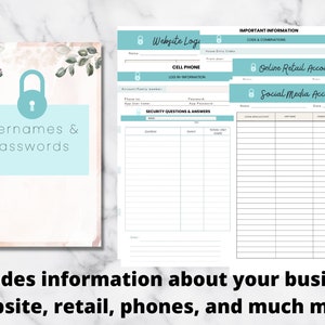 May include: A planner with sections for usernames, passwords, website logins, and social media accounts. The pages have a light blue and pink color scheme with floral accents. Text on the planner includes "Usernames & Passwords" and "Includes information about your business."
