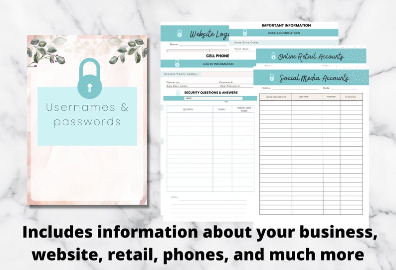 May include: A planner with sections for usernames, passwords, website logins, and social media accounts. The pages have a light blue and pink color scheme with floral accents. Text on the planner includes "Usernames & Passwords" and "Includes information about your business."