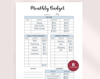 May include: A digital monthly budget planner template with a white background and blue headers. It features sections for income, bills, fixed expenses, variable expenses, and a summary table. The text includes Monthly Budget, July, and HOMEPLANNERSCO.ETSY.COM.