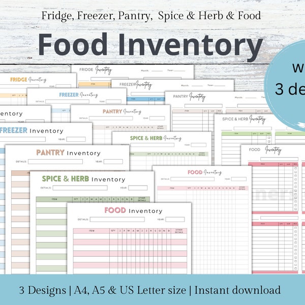 Food Inventory Tracker Pages Printable Kitchen Inventory,Pantry Inventory, Freezer Inventory,Spice Inventory, Fridge Inventory,Food List PDF