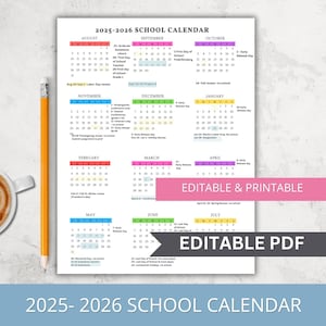 2025-2026 Editable School Calendar Template for Preschool, Daycare, Childcare, Day Care & Sports Teams  Printable Year at a Glance Template