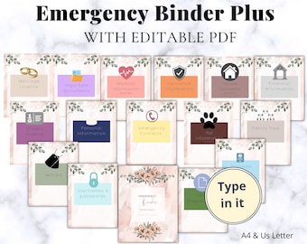Pode incluir: Um Emergency Binder Plus com PDF editável, apresentando várias categorias como certidão de casamento, informações médicas e informações financeiras. A pasta inclui mais de 150 páginas e 18 categorias, com um design floral e o texto "Type in it".