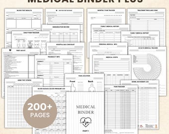 Może przedstawiać: Kolekcja białych stron planera medycznego z czarnym tekstem i siatkami. Tytuły obejmują Blood Test Results, Monthly Pain Tracker i Medical Binder Part 1. Okrągła beżowa grafika wyświetla 200+ Pages. Tekst brzmi Medical Binder Plus.
