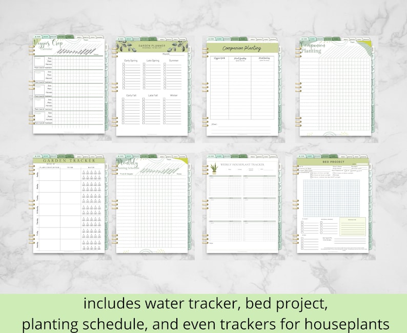 Pu&ograve; includere: Un set di pagine di pianificatore da giardino stampabili con uno schema di colori verde e bianco. Le pagine includono sezioni per un tracker da giardino, un calendario di piantagione, una guida alla piantagione di accompagnamento, un progetto di letto e un tracker dell'acqua.