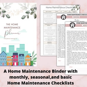 May include: A printable home maintenance planner binder with checklists for monthly, seasonal, and basic tasks. The cover features a watercolor illustration of a city skyline with houses in red, yellow, and blue.