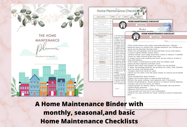 May include: A printable home maintenance planner binder with checklists for monthly, seasonal, and basic tasks. The cover features a watercolor illustration of a city skyline with houses in red, yellow, and blue.