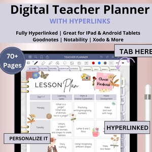Digital Teacher Planner: 70+ Hyperlinked Teacher Binder, Lesson Plan Organizer,  Academic, PDF & GoodNotes, (Download)