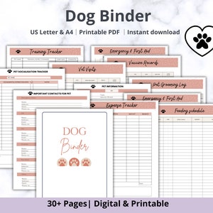 May include: A printable dog binder with 30+ pages, featuring a pink and white design with paw prints. The binder includes sections for training, socialization, vet visits, grooming, emergency information, and more.