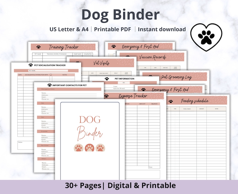 May include: A printable dog binder with 30+ pages, featuring a pink and white design with paw prints. The binder includes sections for training, socialization, vet visits, grooming, emergency information, and more.