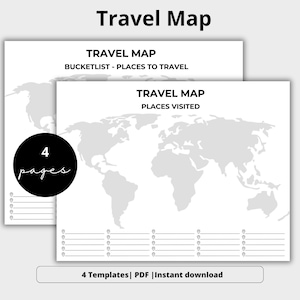 May include: A travel map template with a world map design. The image includes two pages, one labeled "Bucketlist - Places to Travel" and the other "Places Visited." A pencil is on the right side. The text "4 pages" is in a black circle.