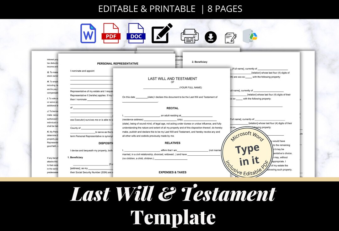EDITABLE Last Will And Testament Template Living Will And Trust Will