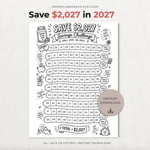 Könnte beinhalten: Ein schwarz-weißes, ausdruckbares Spar-Challenge-Tracker-Blatt mit dem Titel Save $2,027 Savings Challenge. Das Design zeigt einen geschlängelten Pfad aus Kästchen mit Dollarbeträgen, dekorativen Symbolen wie einem Sparschwein, einem Glas und einem Haus.
