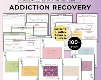 May include: A digital addiction recovery worksheet bundle featuring over 100 printable pages. The collection includes goal trackers, relapse prevention plans, and sobriety check-in forms with soft pastel colour blocks and eucalyptus leaf accents.