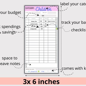 May include: A printable budget tracker for children, with a pink and purple color scheme. The tracker is 3 inches by 6 inches and includes a space to set a budget, track spending and savings, and a checklist. The tracker also includes a space for notes.