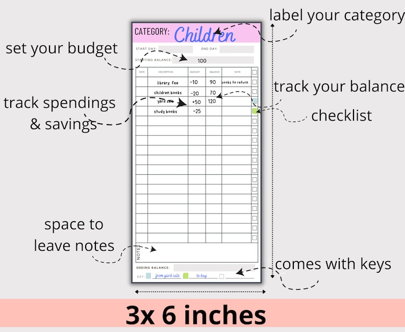 May include: A printable budget tracker for children, with a pink and purple color scheme. The tracker is 3 inches by 6 inches and includes a space to set a budget, track spending and savings, and a checklist. The tracker also includes a space for notes.