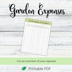 Puede incluir: Un rastreador de gastos de jard&iacute;n imprimible con un esquema de color verde y blanco. El rastreador tiene columnas para la fecha, el art&iacute;culo, la cantidad y el total. El texto "Gastos de jard&iacute;n de un vistazo" est&aacute; en la parte superior del rastreador.