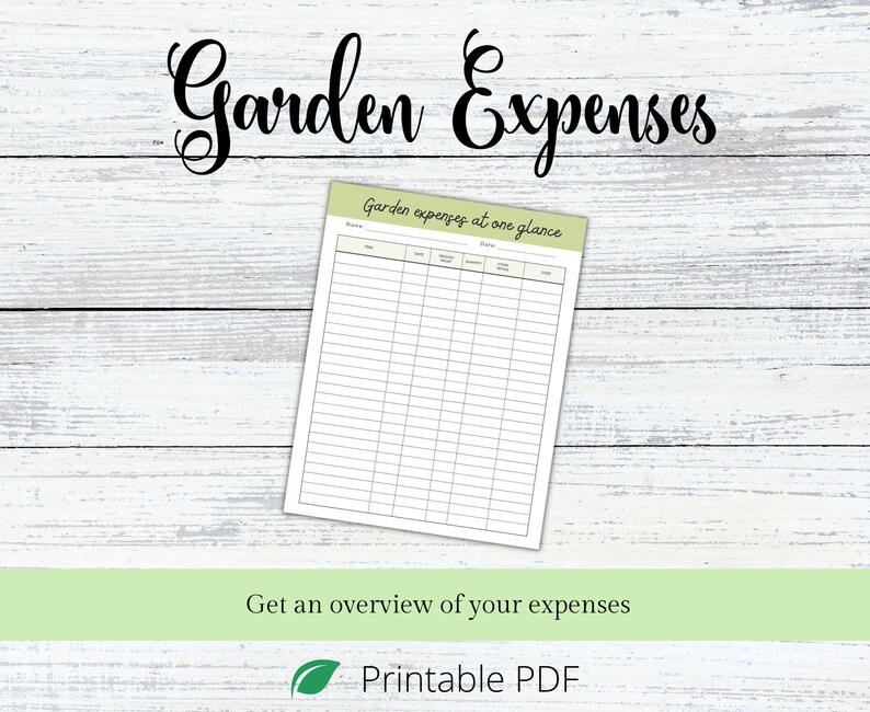 Puede incluir: Un rastreador de gastos de jard&iacute;n imprimible con un esquema de color verde y blanco. El rastreador tiene columnas para la fecha, el art&iacute;culo, la cantidad y el total. El texto "Gastos de jard&iacute;n de un vistazo" est&aacute; en la parte superior del rastreador.