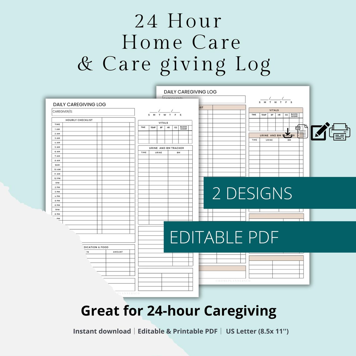 EDITABLE 24 Hour Home Health Caregiver Log Sheet - Printable Daily Care ...
