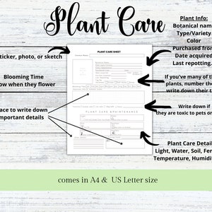 Plant Care Sheet has Plant Info (Botanical name, type, color, purchased from, Last repotting, blooming time, toxicity, hardiness) and Plant Care & Maintenance (Soil, Water, Temperature, Fertilizer, Humidity, Pruning needs) and space for your notes.