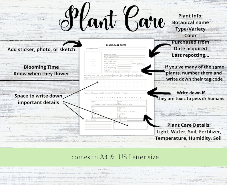 Plant Care Sheet has Plant Info (Botanical name, type, color, purchased from, Last repotting, blooming time, toxicity, hardiness) and Plant Care & Maintenance (Soil, Water, Temperature, Fertilizer, Humidity, Pruning needs) and space for your notes.