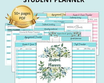 Puede incluir: Un planificador estudiantil digital en PDF de más de 50 páginas con varias plantillas de seguimiento, incluyendo tareas, exámenes, cuestionarios y pruebas. La portada muestra un diseño de corona de hojas con el texto Student Planner.