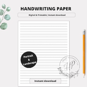 May include: Handwriting paper with horizontal lines, ideal for practicing penmanship. The design includes the text "HANDWRITING PAPER", "Digital & Printable | Instant download", "Portrait & Landscape", and "Instant download". A yellow pencil is placed on the right side of the paper.