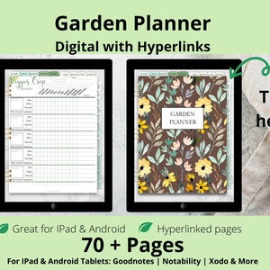 Pu&ograve; includere: Pianificatore da giardino digitale con collegamenti ipertestuali per tablet iPad e Android. La copertina presenta un design floreale nei colori giallo, verde e marrone. Il pianificatore include oltre 70 pagine ed &egrave; compatibile con Goodnotes, Notability, Xodo e altro.
