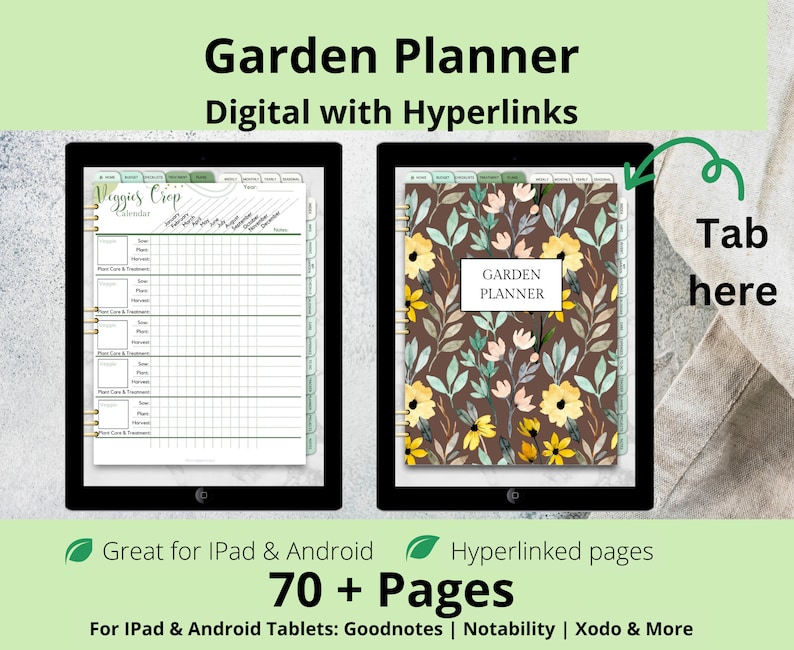 Pu&ograve; includere: Pianificatore da giardino digitale con collegamenti ipertestuali per tablet iPad e Android. La copertina presenta un design floreale nei colori giallo, verde e marrone. Il pianificatore include oltre 70 pagine ed &egrave; compatibile con Goodnotes, Notability, Xodo e altro.