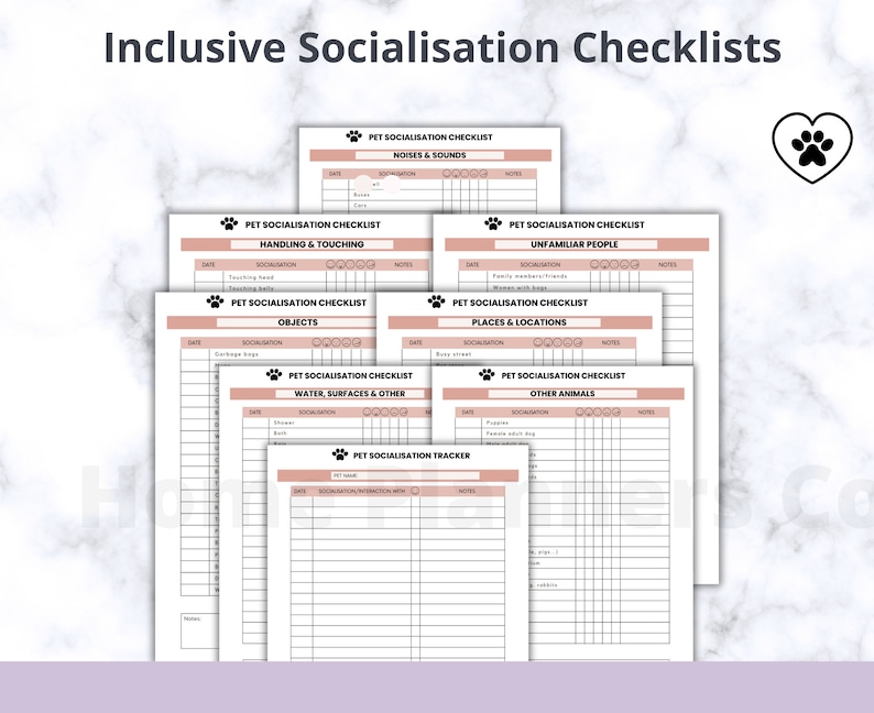 May include: A set of printable pet socialization checklists in pink and white. The checklists include categories such as noises and sounds, handling and touching, objects, unfamiliar people, places and locations, water, surfaces and other, other animals, and a pet socialization tracker.
