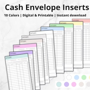 May include: Ten printable cash envelope inserts in different colors. Each insert has a section for "Category", "Start Day", "End Day", and a grid for tracking expenses.
