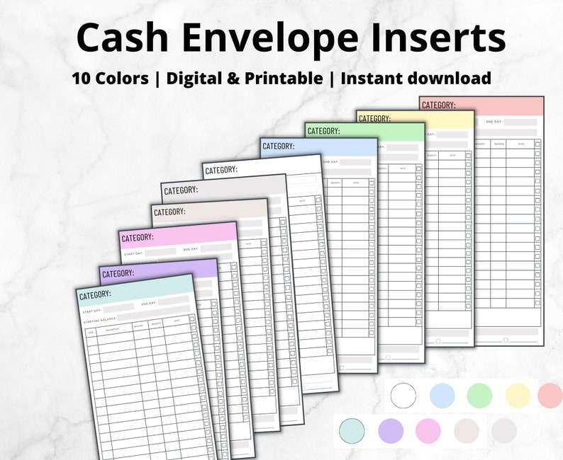 May include: Ten printable cash envelope inserts in different colors. Each insert has a section for "Category", "Start Day", "End Day", and a grid for tracking expenses.