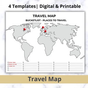 Mini mapa mundial imprimible para viajar / Lista de deseos para viajar / Lugares para ver / Lugares para visitar / Lugares visitados / Seguimiento de viajes / Bitácora de viajes