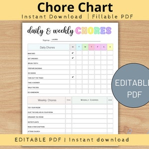 Editable Chore Chart, Printable Daily & Weekly Kids Chore Responsibility Chart, Kids Routine Chart, Kids Checklist Schedule Digital Download