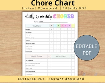 Tabella delle faccende domestiche modificabile, tabella delle responsabilità delle faccende domestiche giornaliere e settimanali per bambini stampabile, tabella delle routine per bambini, programma di checklist per bambini scaricabile digitalmente